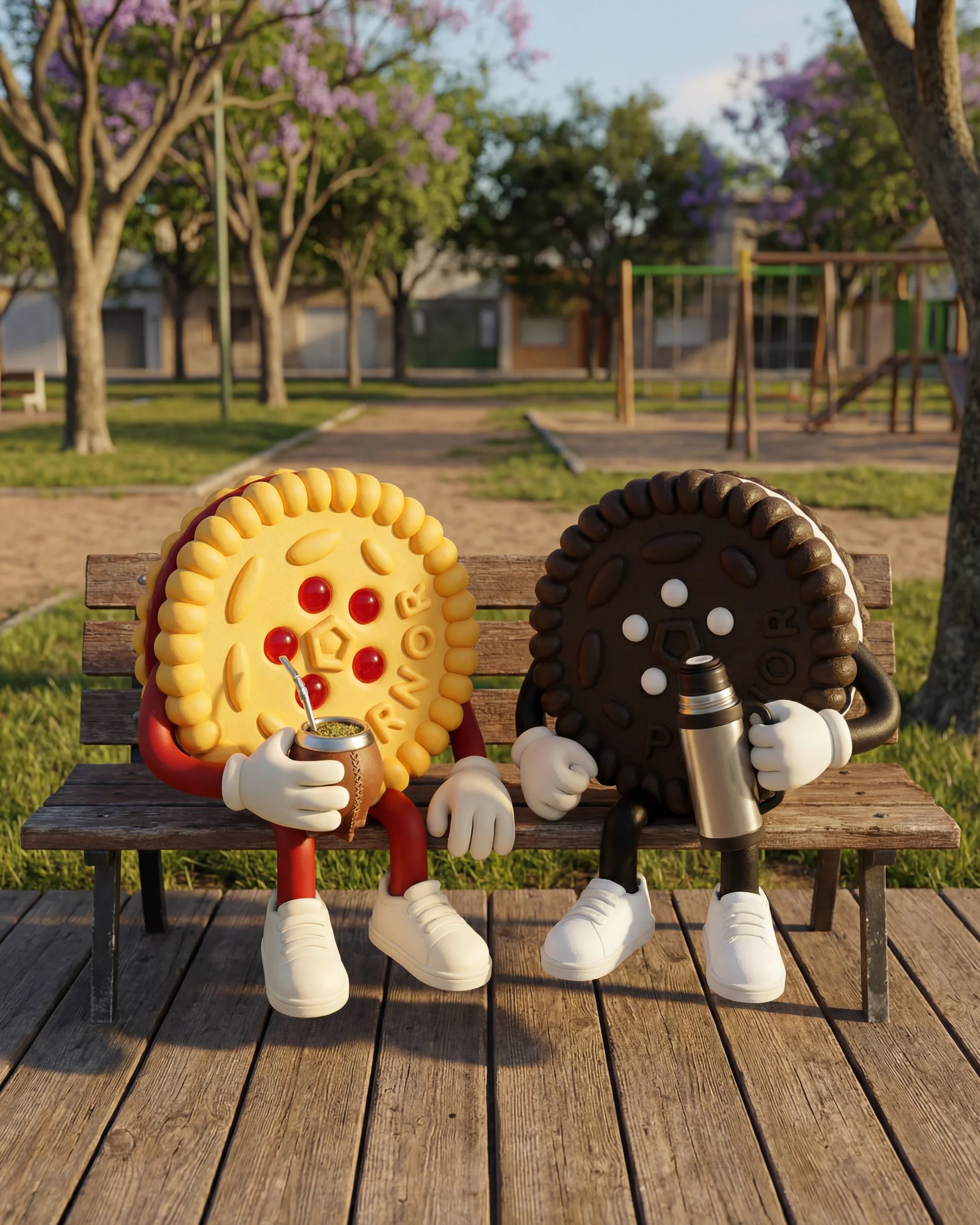 Pitusas — mascots tomando mate en la plaza